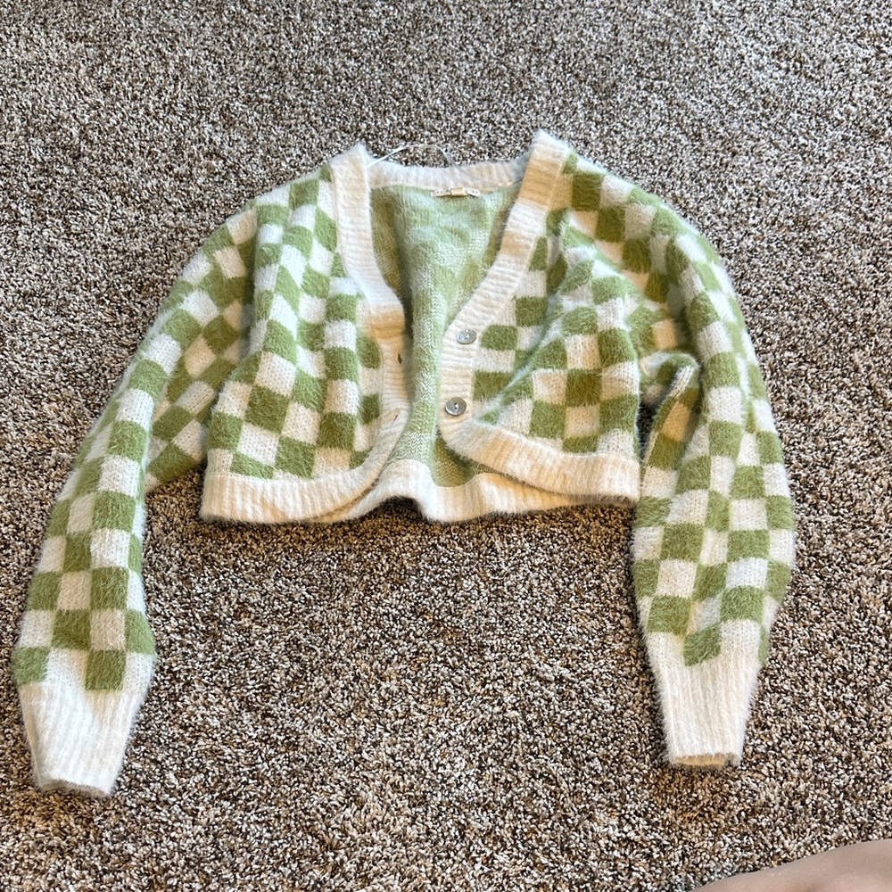 La Hearts Green and Cream Checkered Cardigan